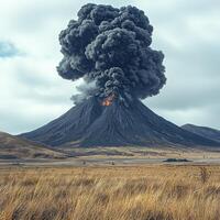 Volcanic eruption with smoke clouds and lava flow in remote wilderness landscape photo
