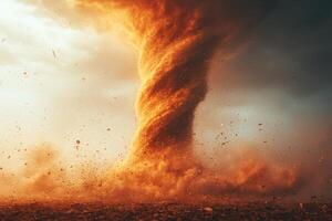 Powerful tornado with swirling dust and debris in an open field captures nature's fury photo