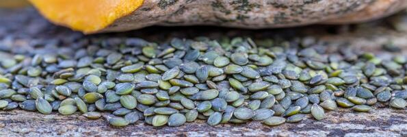 Nutritional pumpkin seeds piled underneath ripe pumpkin on rustic surface photo