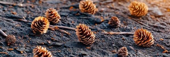Pine cones scattered across forest floor with autumn leaves and sunlight rays photo