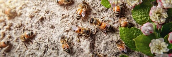 Close-up of bees gathering on tree bark with blossoming flowers in spring photo