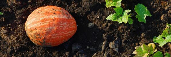 Ripe orange pumpkin in the soil of a garden surrounded by green leaves photo