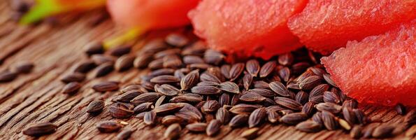 Juicy watermelon slices with seeds on rustic wooden background concept photo