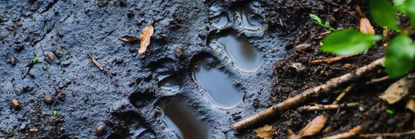 Animal footprints in mud showing wildlife tracking in forest environment photo