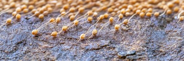 Close-up view of small fungi sporangia on decayed log in natural forest setting photo