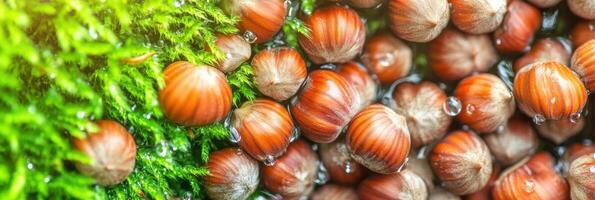 Freshly harvested hazelnuts with water droplets among green moss background photo