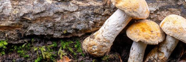 Close-up of edible yellow-cap mushrooms growing on forest log in natural habitat photo