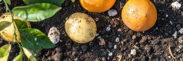 Ripe citrus fruits on soil with green leaves in sunlight garden context concept photo