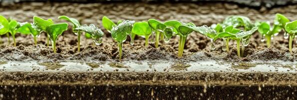 Close-up of green sprouts emerging from soil after fresh rainfall in garden photo