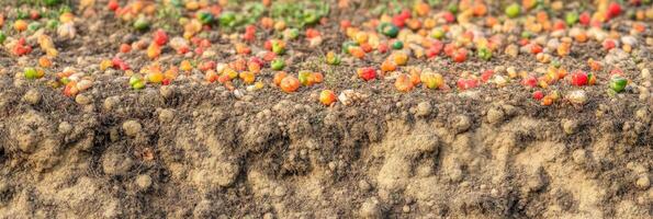 Colorful tomatoes and potatoes in a dirt field showcase agricultural harvest photo