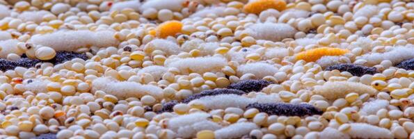 Assorted grains and seeds background with puffed millet and poppy photo