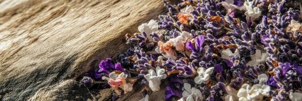 Close-up of vibrant purple and white dried flowers on rustic wooden surface photo