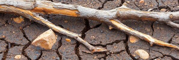 Dry tree branch on cracked soil represents drought and climate change photo