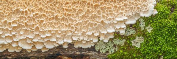 Closeup of wild fungi and moss growing on decaying wood in natural habitat photo