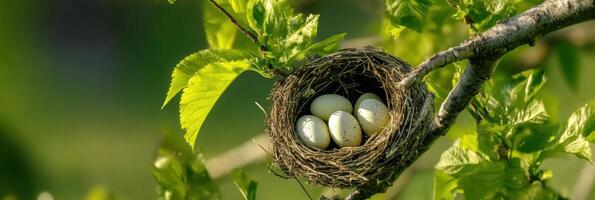 Bird nest with speckled eggs on tree branch in spring foliage photo