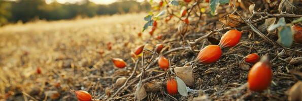 Sunset field with ripe rose hips and fall atmosphere in natural landscape photo