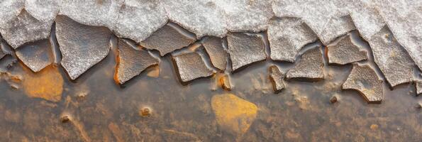 Cracked ice surface with water and earth textures reflecting winter conditions photo