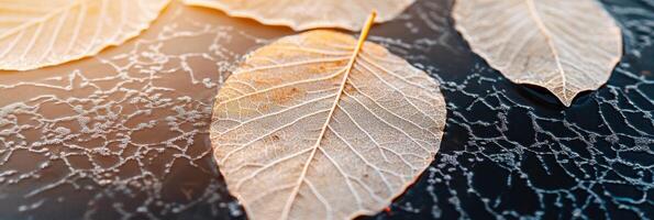 Close-up of dried leaf with intricate veins on frosty surface in sunlight photo