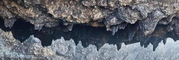 Natural formation of stalactites in ancient cave interior with shadow play photo