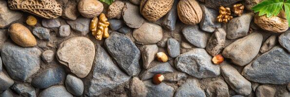 Assorted nuts and stones background with pebbles and organic textures for nature concepts photo