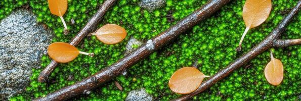 Autumn leaves and twigs on green moss with rocks. concept of nature and change photo