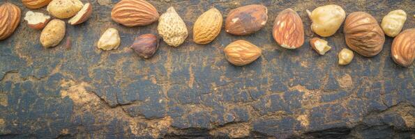 Variety of nuts and seeds arranged on a rustic stone surface for natural concept photo