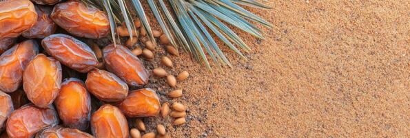 Ripe dates with fresh date palm leaves on sand background abundance concept photo