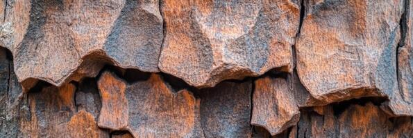 Close-up of tree bark with rugged surface pattern and natural earthy tones photo