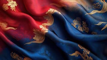 Luxurious silk fabric with gold floral pattern in red and blue tones for elegant decor photo