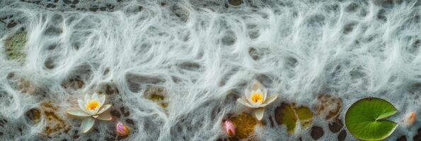 Water lilies and lily pads floating in a tranquil pond with intricate wave patterns photo