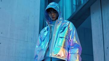 Futuristic fashion with iridescent jacket in urban night scene photo
