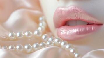 Close-up of glossy pink lips and pearls on soft satin background photo