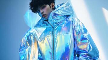 Futuristic fashion with young male model in shiny holographic jacket photo
