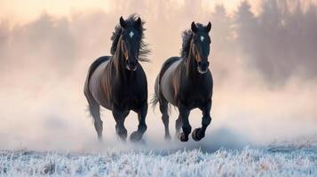 Majestic black horses galloping through misty frosty field at dawn photo