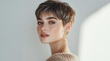 Portrait of a woman with short hairstyle and geometric earrings for fashion and beauty theme photo