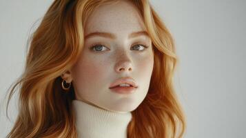 Close up portrait of a young woman with earrings and sweater in a studio setting photo