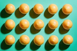 Fresh lemons pattern on turquoise background highlighting citrus fruits photo