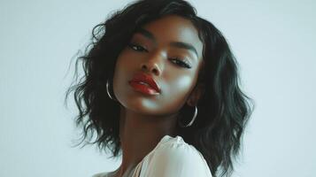 Portrait of a woman with hoop earrings and red lips highlighted against minimalist background photo