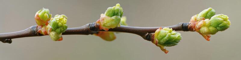Close-up of springtime budding on a tree branch with fresh green growth photo