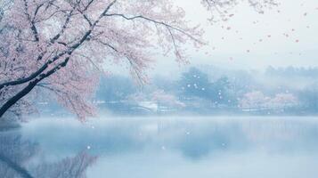 Scenic view of cherry blossoms over tranquil misty lake with falling petals photo