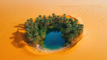 Aerial view of desert oasis with lush palm trees and tranquil water body photo