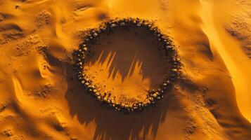 Aerial view of circular caravan site in vast desert landscape photo