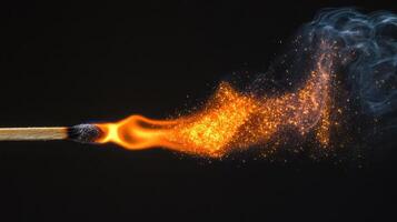 Sparkling ignition of a burning matchstick with fiery flames and smoke trail photo