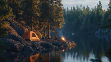 Warm campfire by tent on rocky lake shore surrounded by dense forest photo