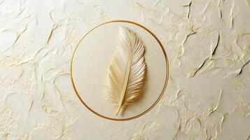 Elegant feather on textured beige surface with gold circular frame concept photo