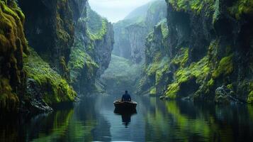 Person in a boat navigating serene canyon with moss-covered cliffs on calm water photo