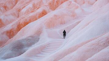 Solitary figure ascends stairs through unique pink rock landscape with abstract terrain photo