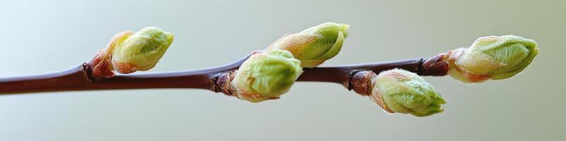Close up of budding branch with emerging spring green leaves highlighting renewal photo