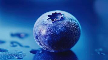 Close-up view of fresh blueberry with water drops on blue surface photo