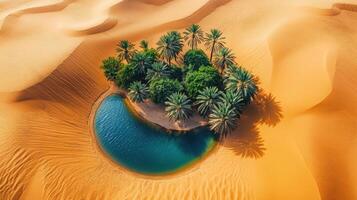 Aerial view of desert oasis with palm trees and tranquil blue water surrounded by golden sand dunes photo